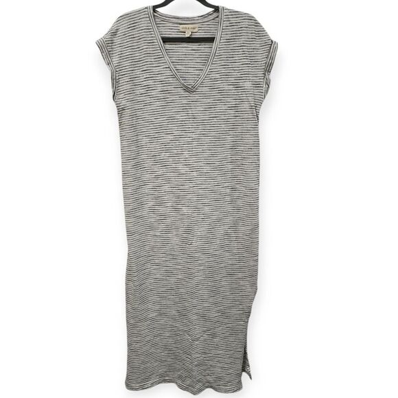 CLOTH & STONE Anthropologie Size L Midi Dress Riley Gray White Striped Slit Tee - Picture 1 of 4